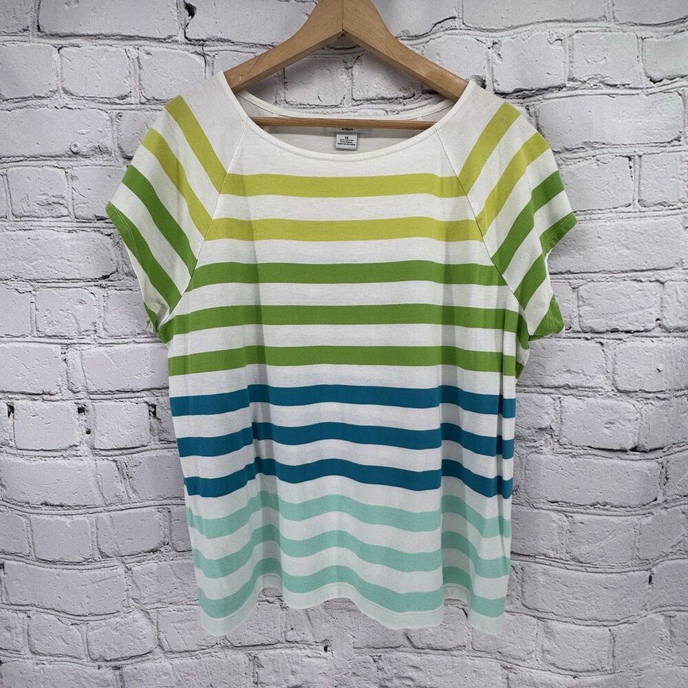 Liz Claiborne Top Women 1X Plus Blue & Green Stripes Preppy Summer